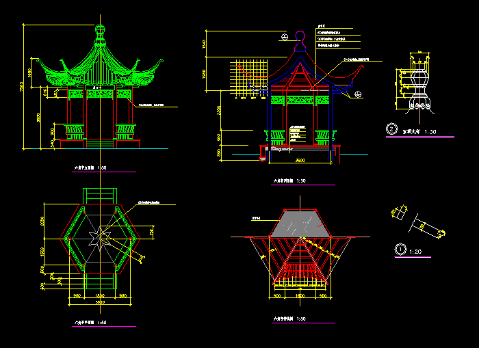 古建亭廊及花架CAD建筑施工设计图2